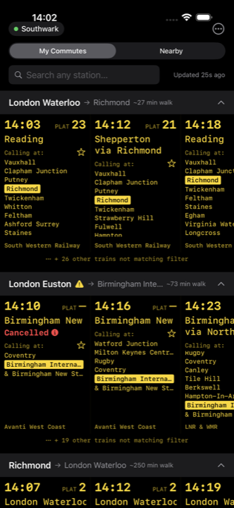 Filtered departure board showing only trains calling at Richmond, with 26 other trains hidden by the filter