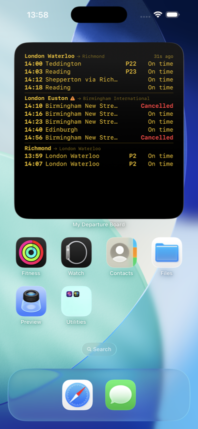 CommuteWatch home-screen widget showing live departure boards for London Waterloo, London Euston and Richmond, including a cancelled service