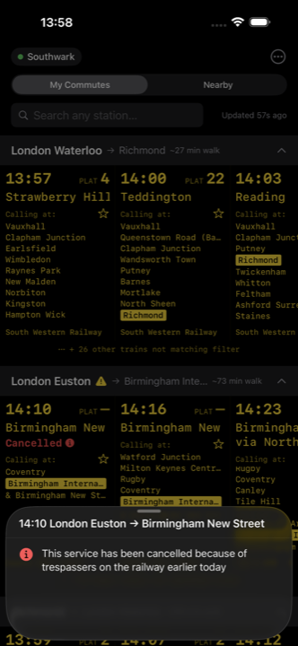 Departure board showing a cancelled service with the reason: trespassers on the railway